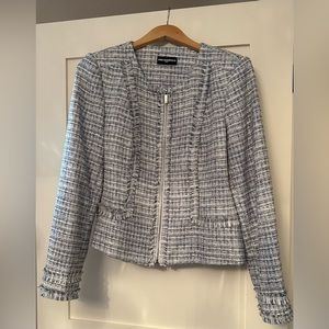 KARL LAGERFELD PARIS Zip-Up Tweed Fringe Blazer Jacket